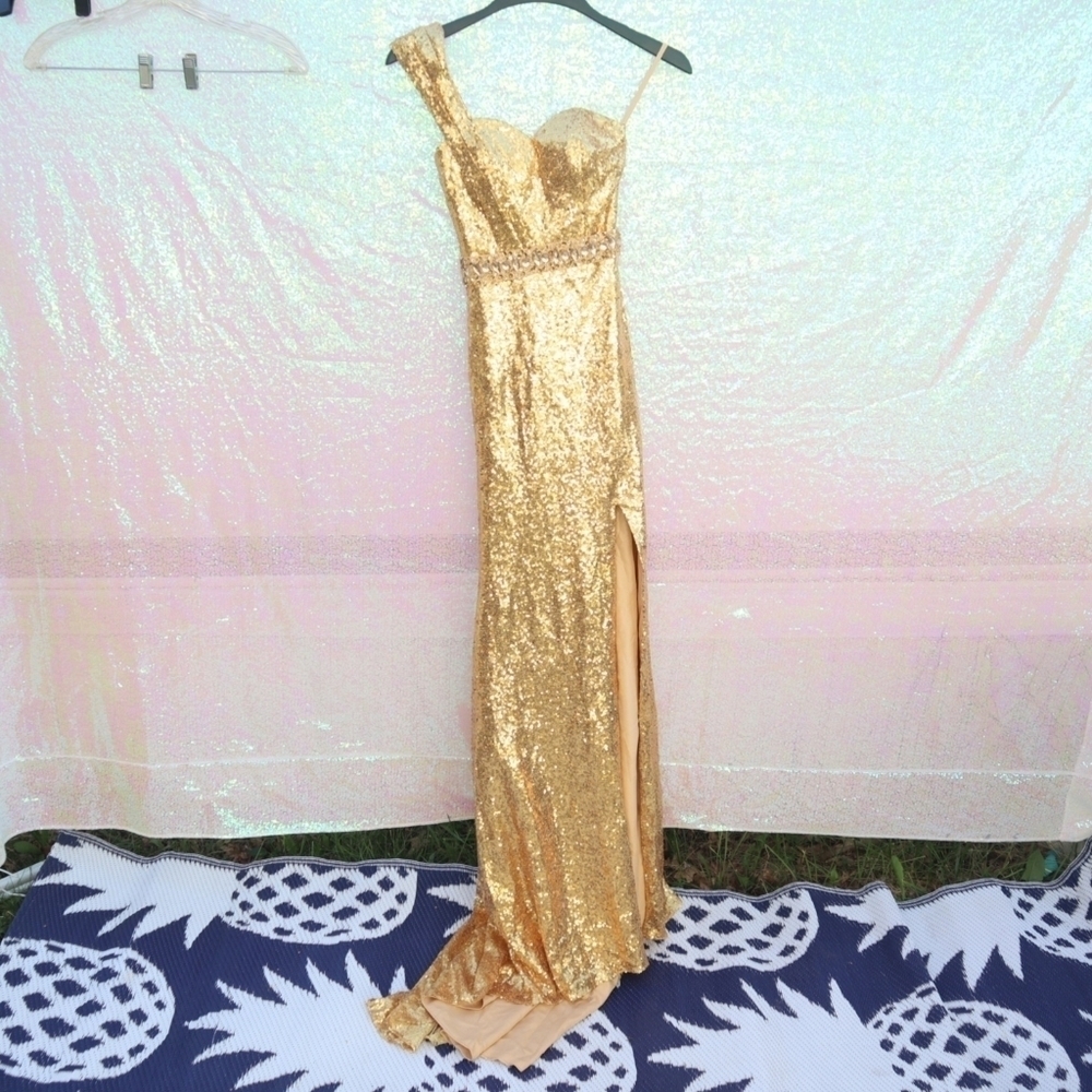 GOLD PAGEANT DRESS W/ TRAIN 5XS Red Carpet Gala White Tie Party Bridal Gown - Picture 7 of 8